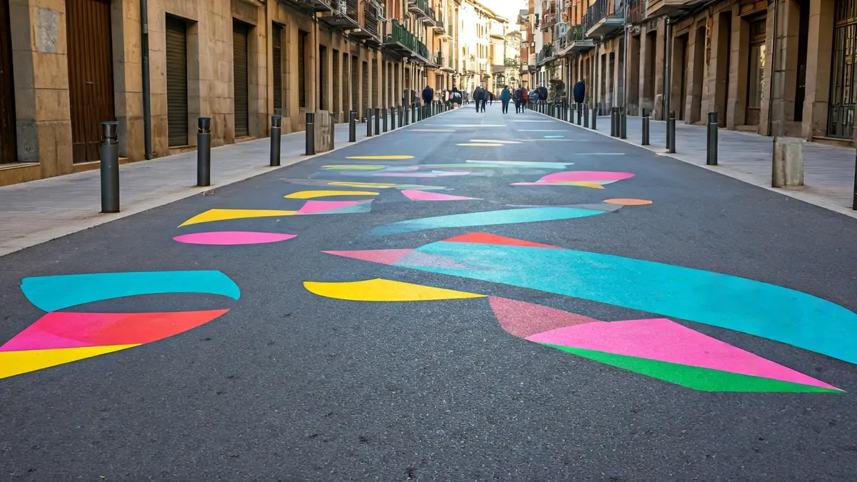 Imagen genérica de la calle Zarugalde de Arrasate siendo transformada para peatones, con líneas y formas coloridas pintadas en el suelo.