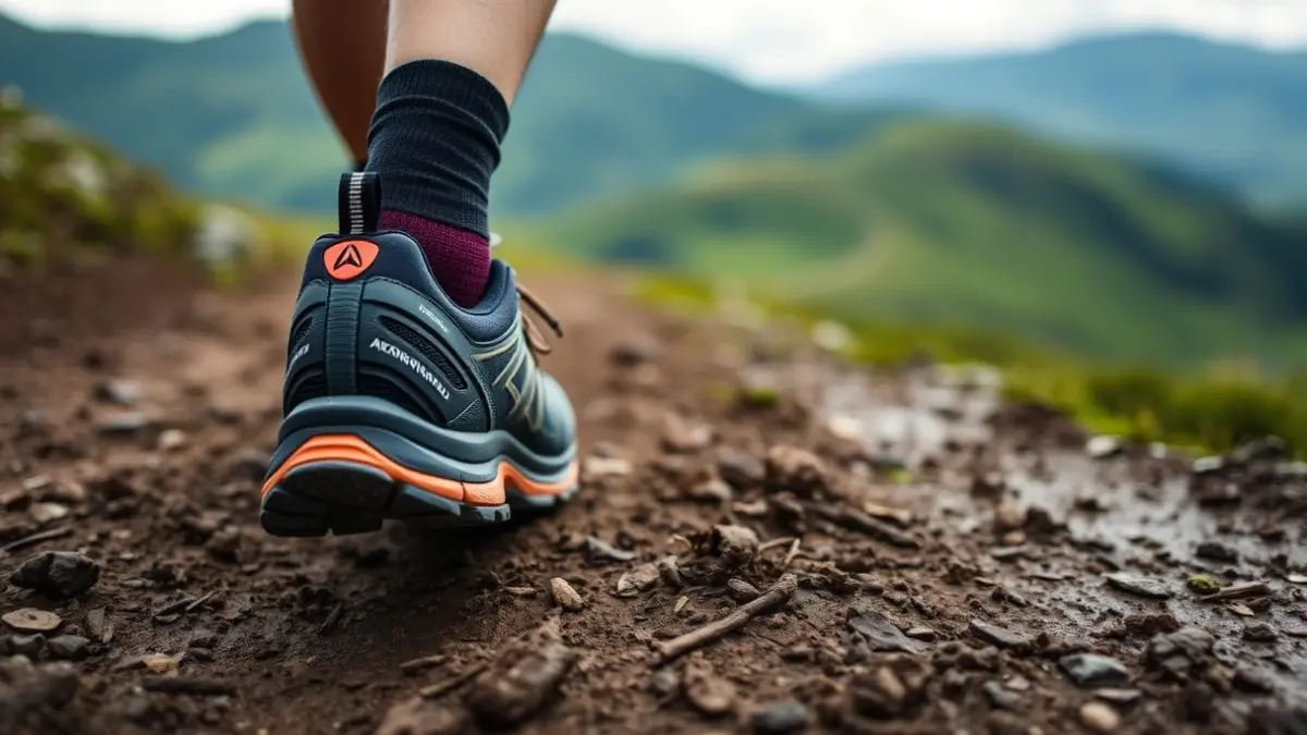 Close-up image of a trail running shoe on a muddy mountain path, with a blurred green landscape in the background.