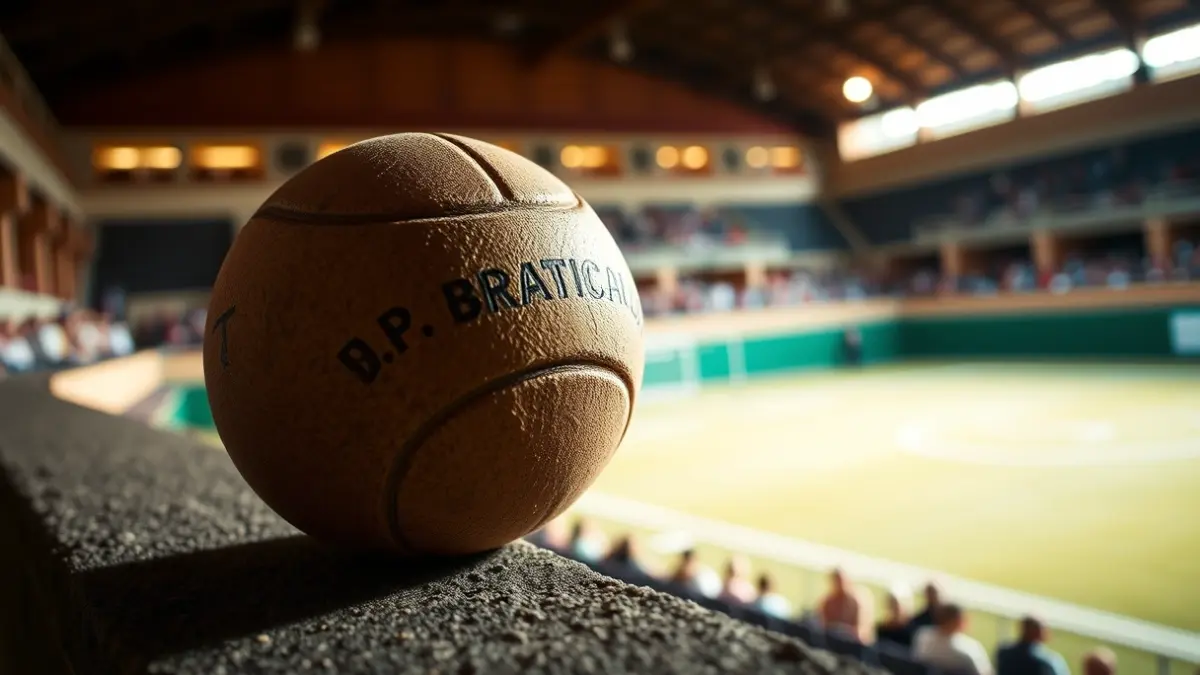 A cesta punta ball resting on the fronton wall, with the court blurred in the background.