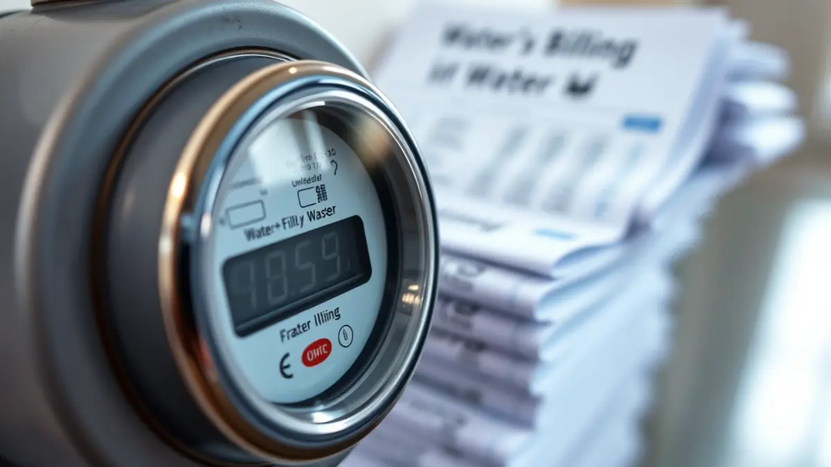 Generic image of a modern water meter with a stack of utility bills in the background, representing unified billing for water and waste services.