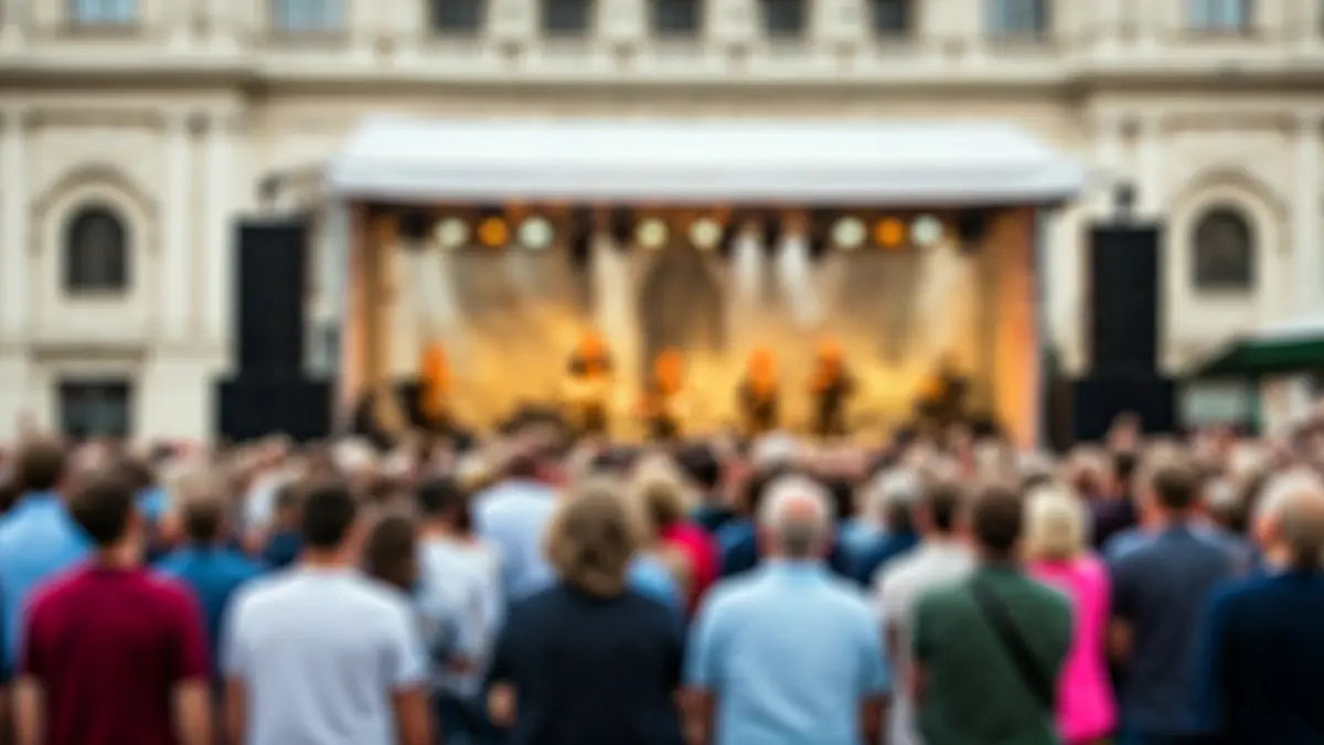 Generic image of a Zetak street concert, with people watching and in front of the provincial palace.