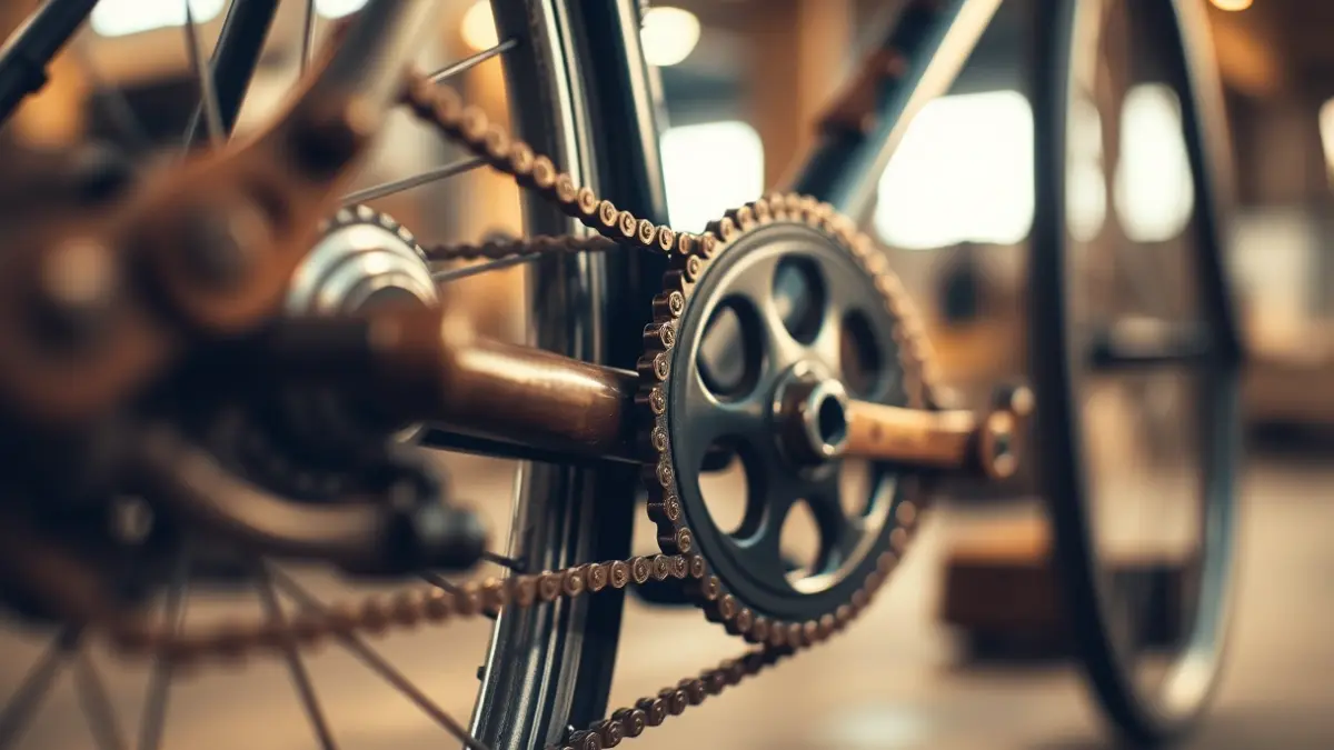 Imagen genérica de una cadena y engranajes de bicicleta vintage, con un fondo industrial difuminado.