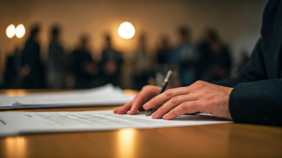 Imagen genérica de manos firmando un documento, con planos urbanísticos difuminados al fondo.