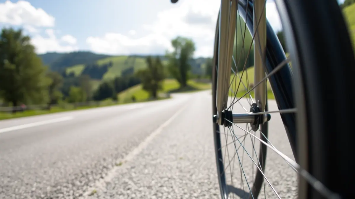 Bizikleta gurpil baten irudi generikoa, errepide batean, atzealdean mendi berdeak dituela.