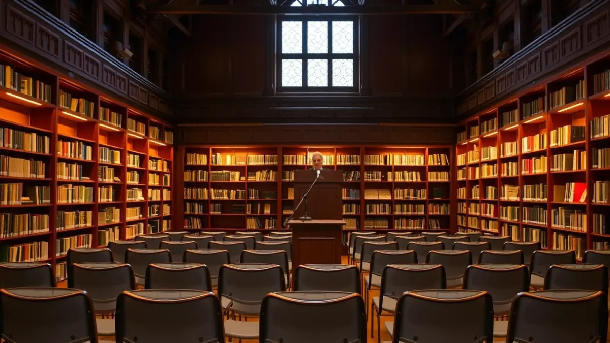 Generic image of a library interior with a microphone and empty chairs, in a cozy reading atmosphere.