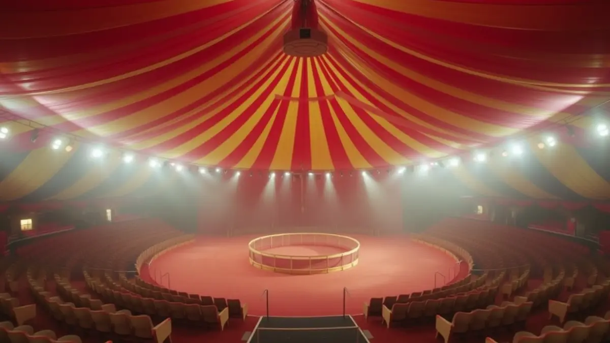 Interior of a circus tent with soft lighting and empty seats, creating a calm and inclusive atmosphere.
