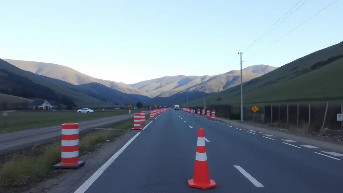 Imagen genérica de obras en una carretera con conos y barreras naranjas, en un entorno rural de Euskadi.