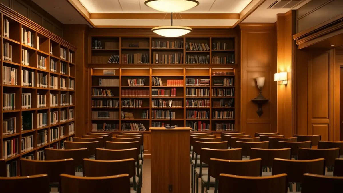 Generic image: Library interior with a podium with a microphone and empty chairs, suggesting a cultural event.