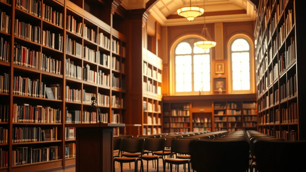 Imagen genérica del interior de una biblioteca con estanterías de madera y un micrófono.