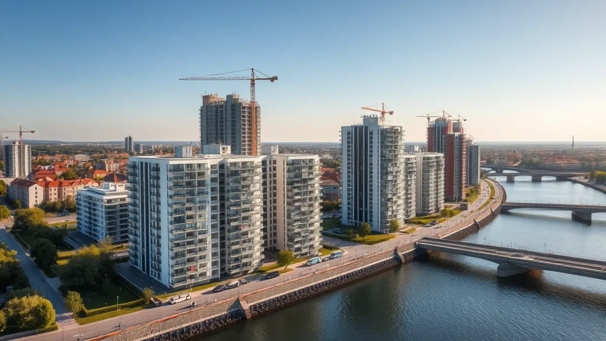 Aerial view of Zorrotzaurre urban development, with new buildings and the river.
