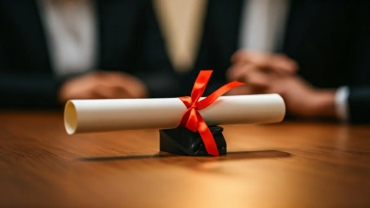 Generic image of a diploma scroll tied with a ribbon on a wooden table.