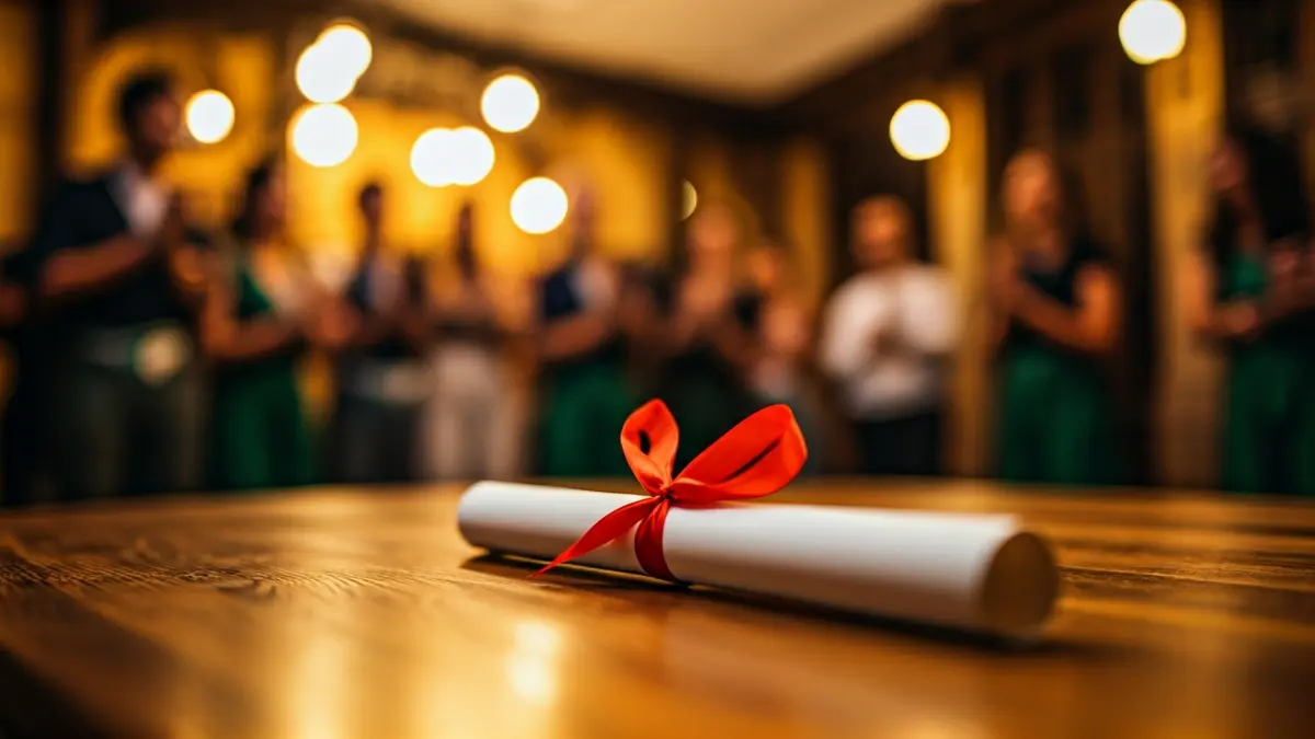 Generic image of a diploma on a wooden table with blurred figures in the background.