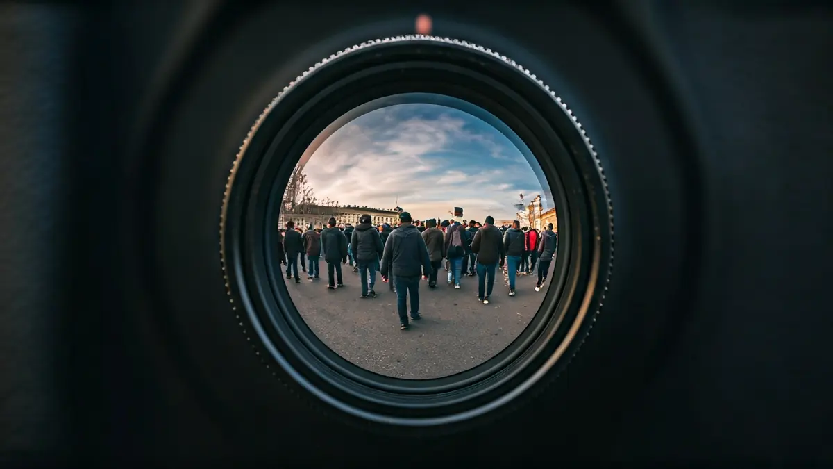 Irudi generikoa migrazioa eta argazkilaritza sinbolizatzen duen kamera lente baten hurbileko plano batena.