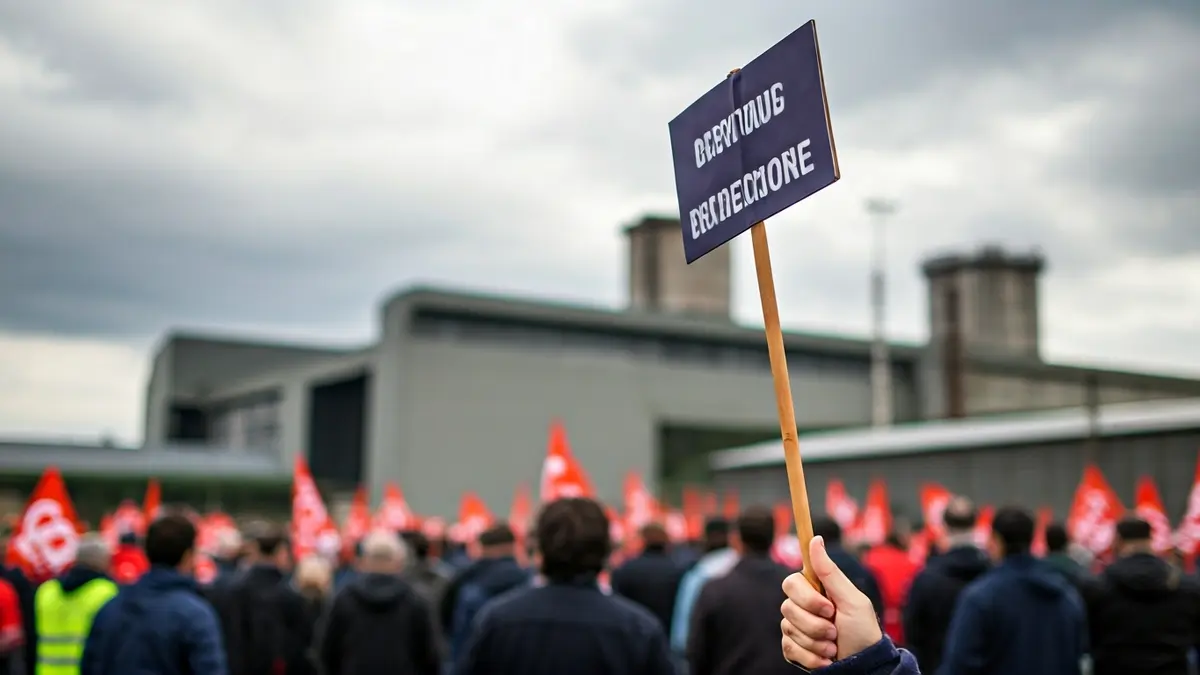 Irudi generikoa greba bateko pikete bateko kartel baten hurbileko plano batena, atzealdean erraustegi bat duela.