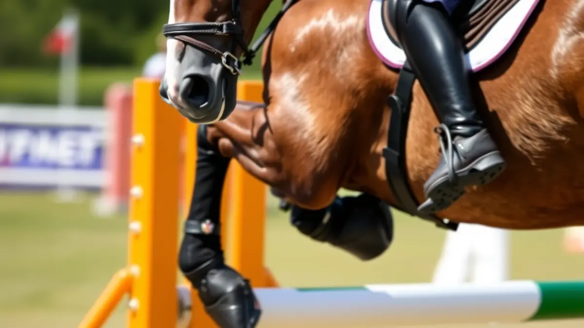 Generic image of a horse's head and neck during a show jumping competition, with a blurred background.