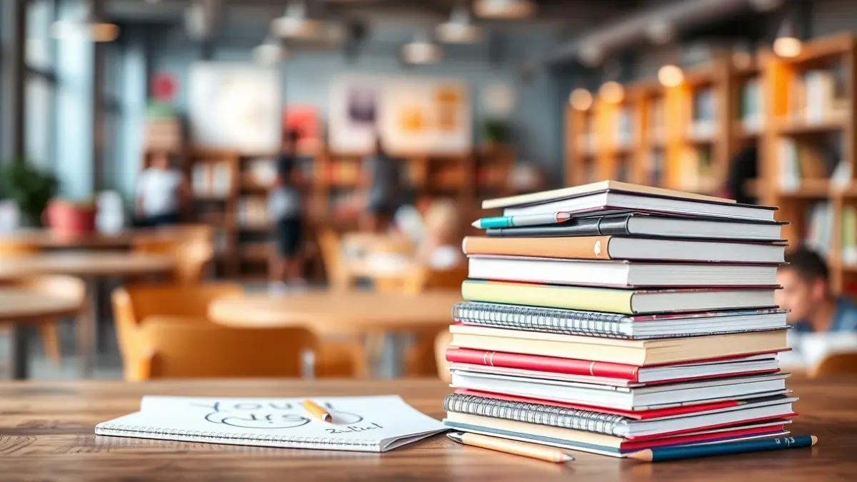 Pila de libros y materiales creativos sobre una mesa de madera, simbolizando proyectos juveniles y creatividad.