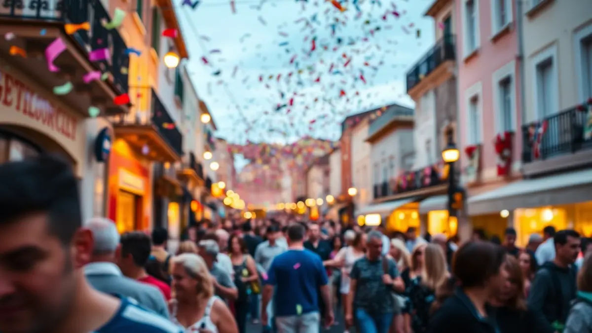 Generic image of a festive street scene with crowds and confetti in the air.