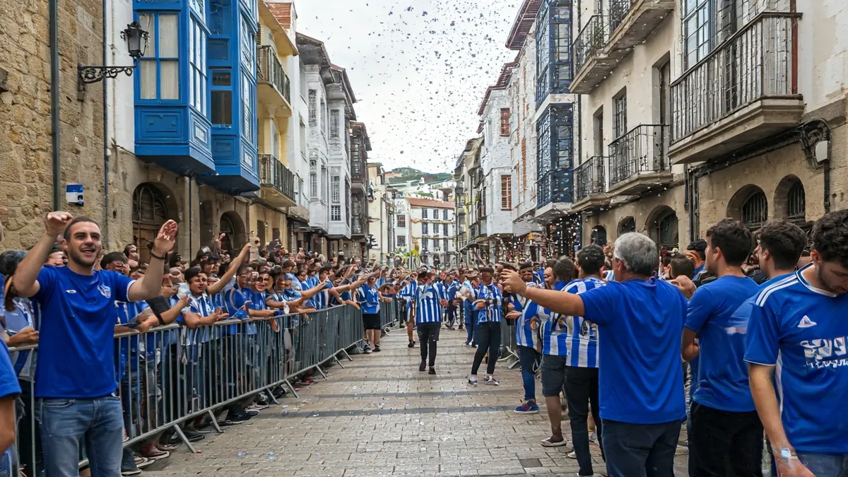 Festive atmosphere in Zumaia during the Santelmo festivities, with people in blue mahon shirts and Real Sociedad jerseys.
