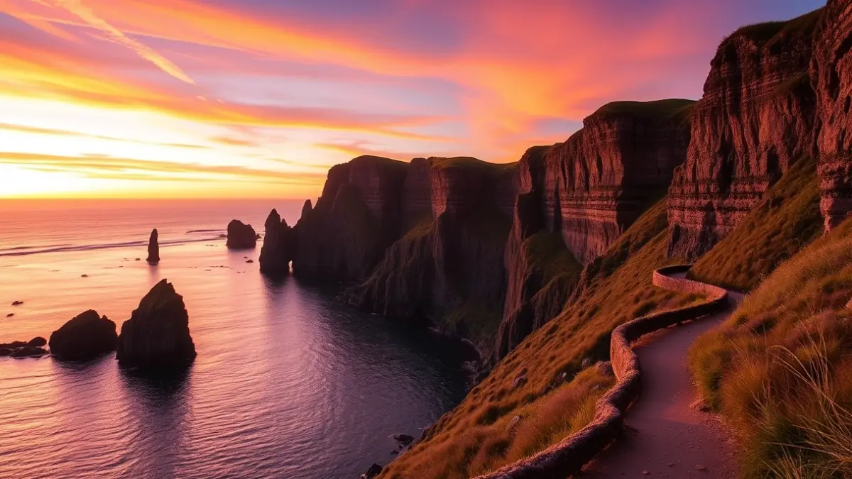 Panoramic image of the sunset at Zumaia's Flysch, with warm colors in the sky and calm sea.