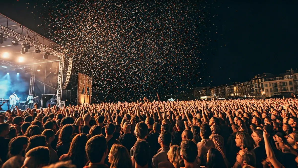 Imagen genérica de una multitud en un festival de música, entre luces y confeti.