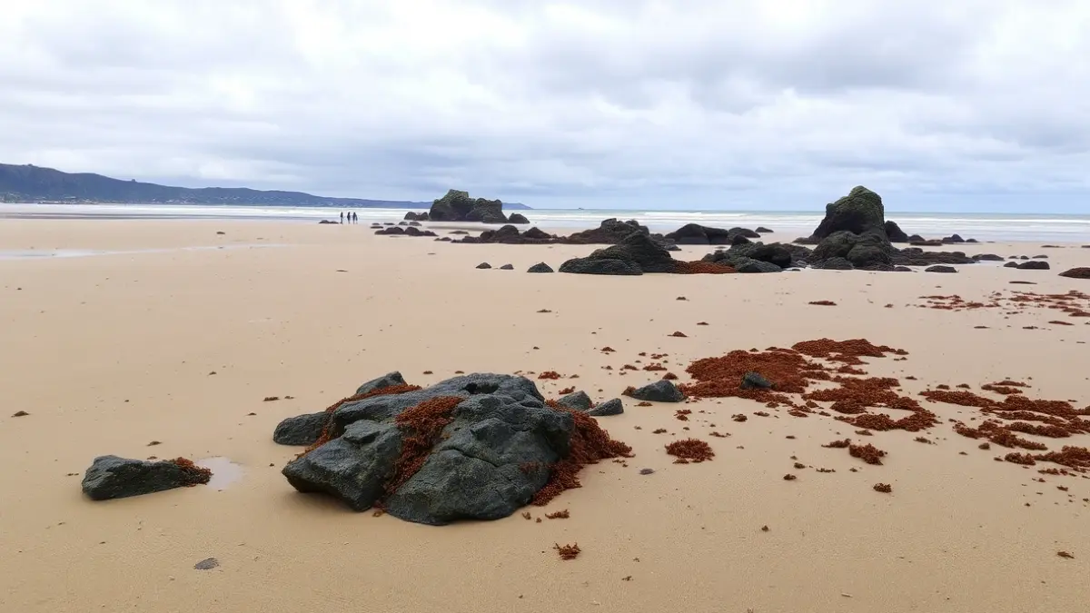 Itsasbeheran dagoen hondartza zabal baten irudi generikoa, harkaitz-formazioak agerian eta alga sakabanatuak, hodei artean.