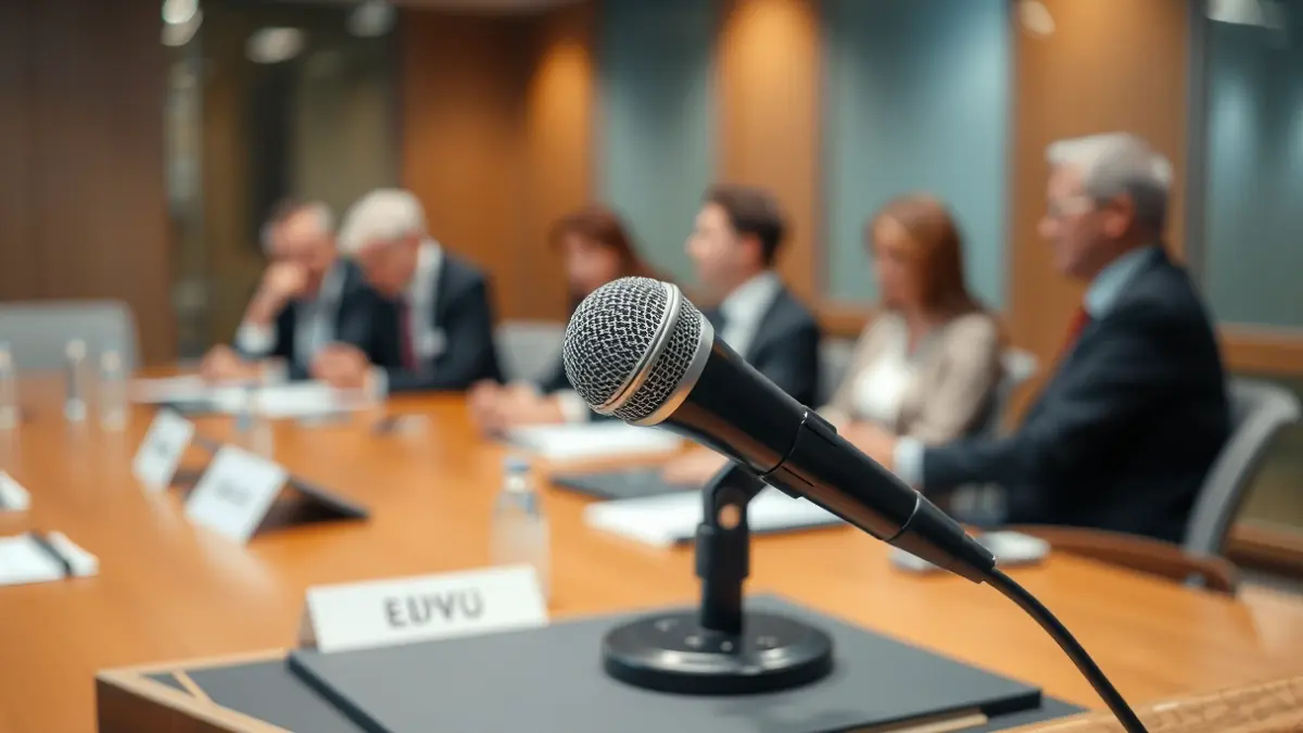 Generic image of a microphone on a negotiation table, with blurred figures in the background.