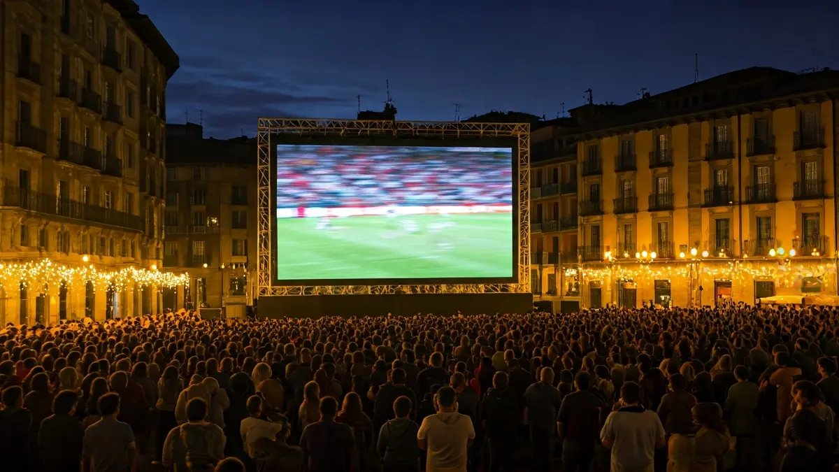 Zumarragako plaza batean jarritako pantaila erraldoi bat, Realaren Kopako finala erakusten duena, jendea ospatzen ari den bitartean.
