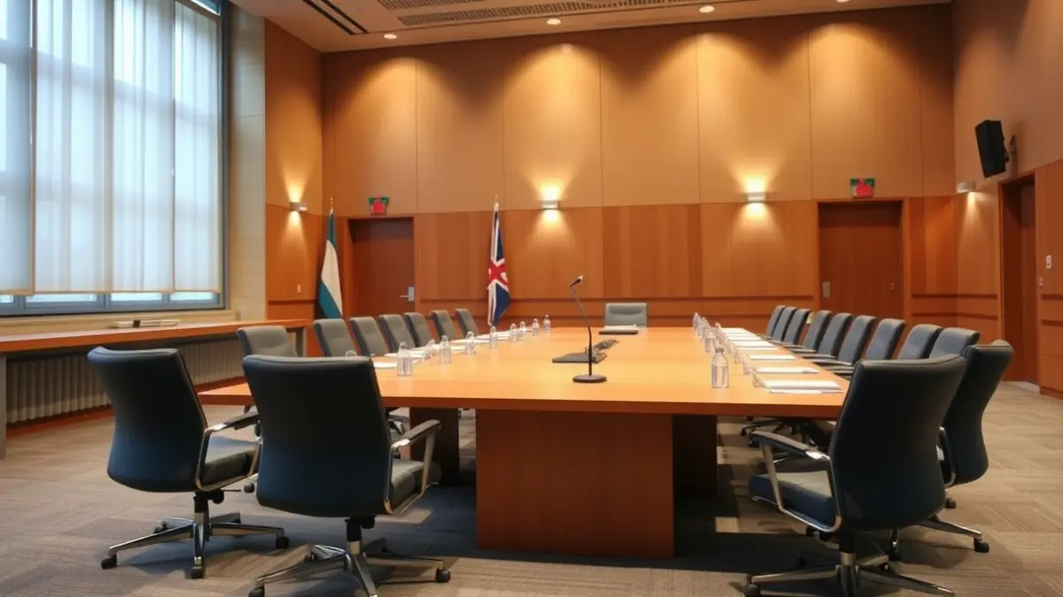 Irudi generikoa, foro edo bilera baten aretoa erakusten duena, mikrofono batekin podiumean.