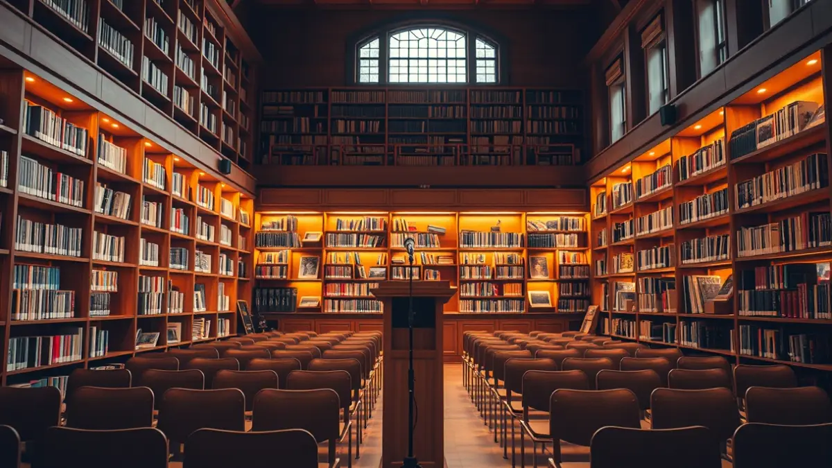 Generic image of a library lecture hall, with a microphone and empty chairs.