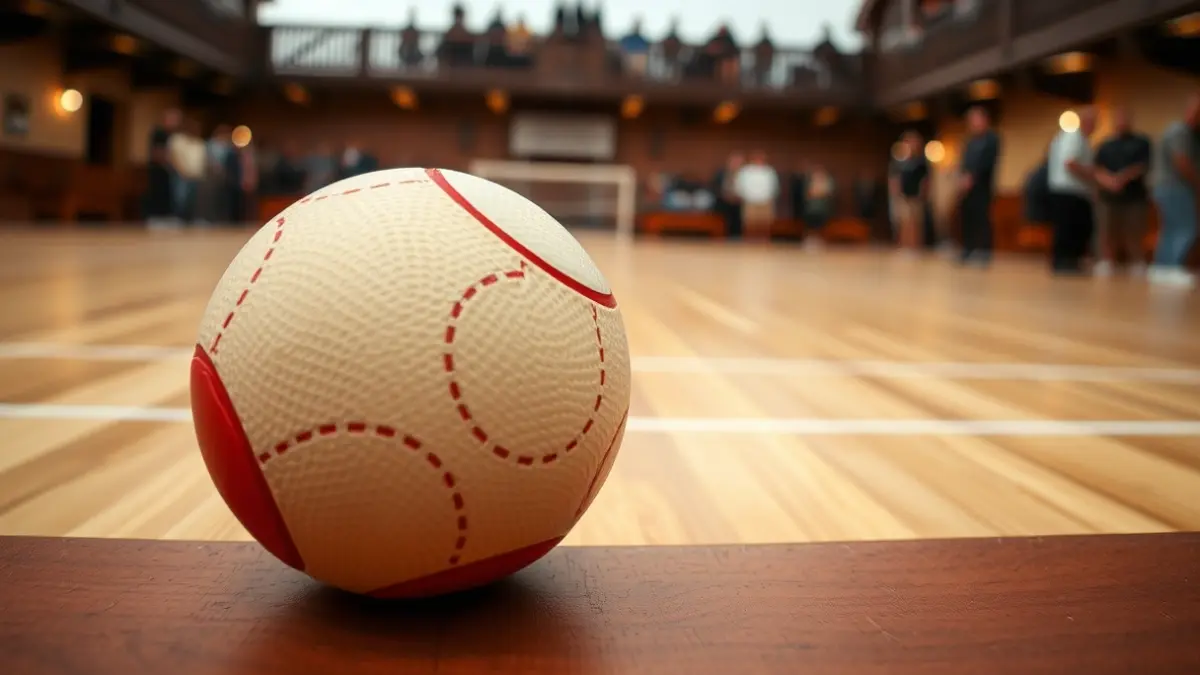 Pilota bat euskal pilota-pilotaleku bateko horman, ikusleak lausotuta atzealdean.