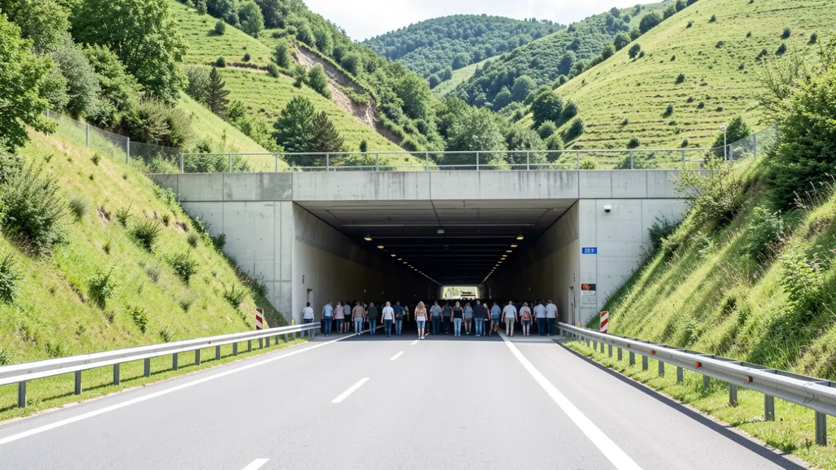Entrada de un túnel de la autopista A-15 en un paisaje montañoso de Gipuzkoa.