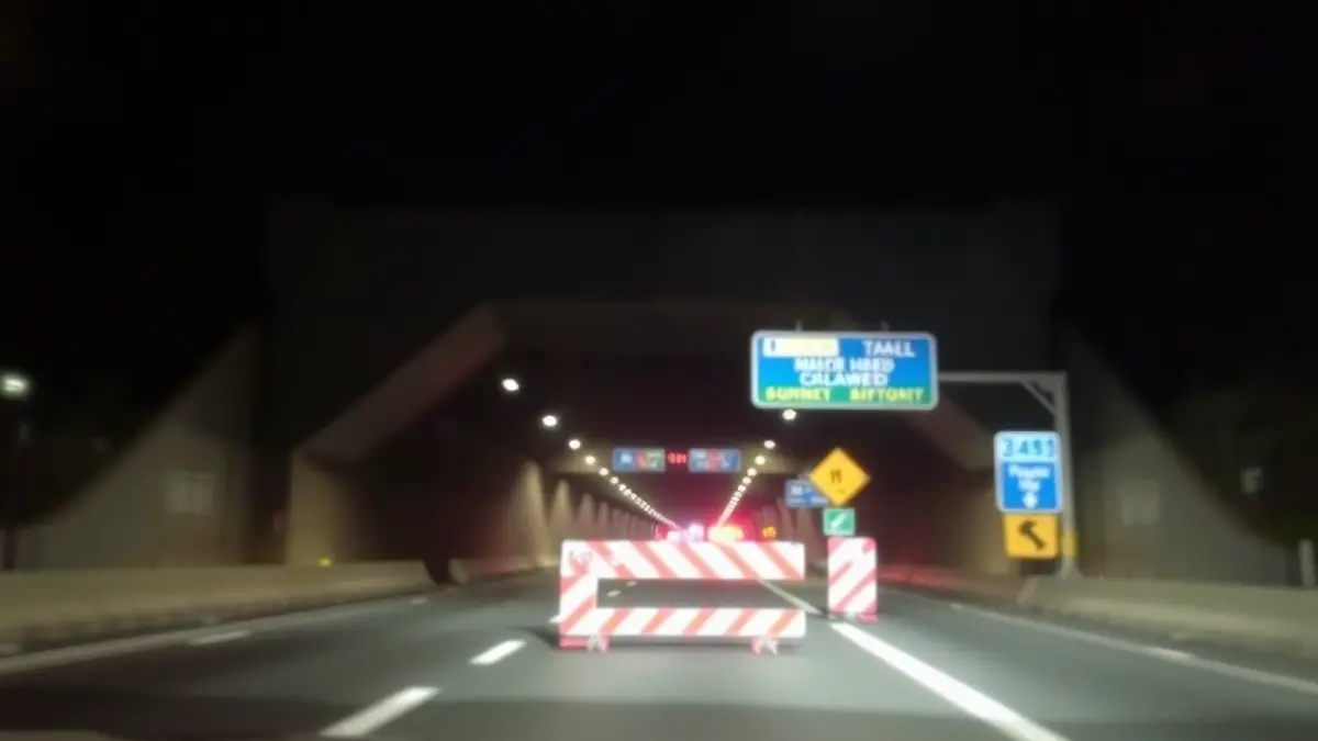 Generic image of a highway tunnel entrance with blurred red and white warning lights.