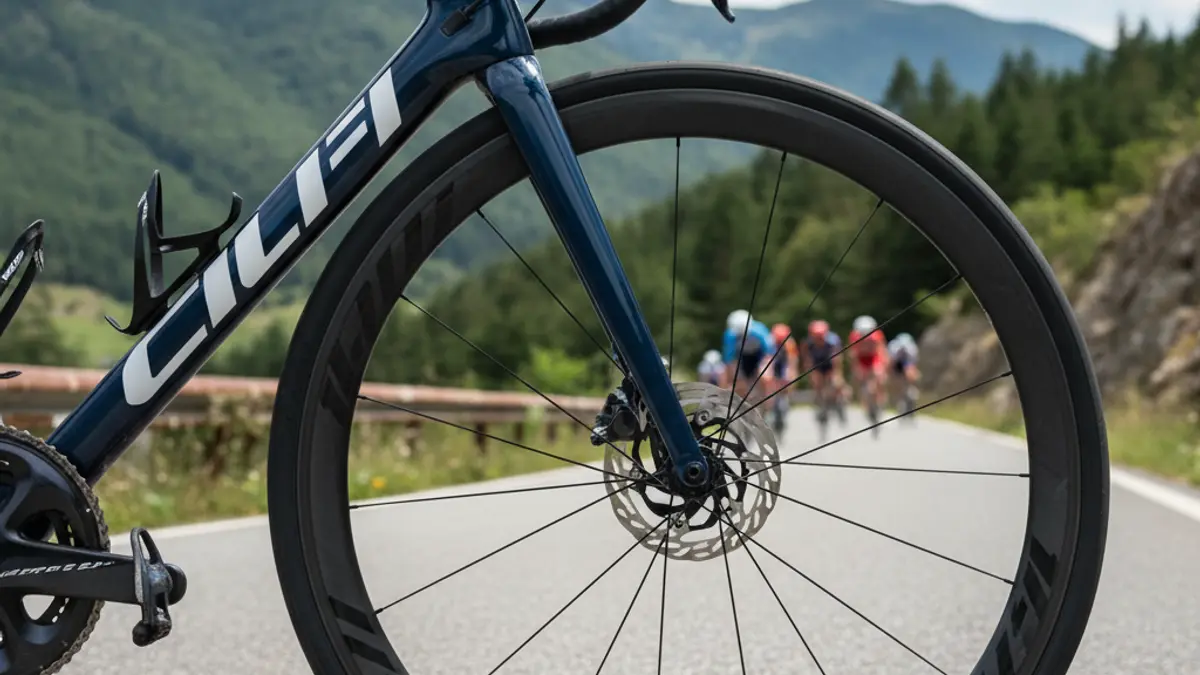 Generic image of a professional road bicycle wheel, with a blurred background of a Basque Country road.