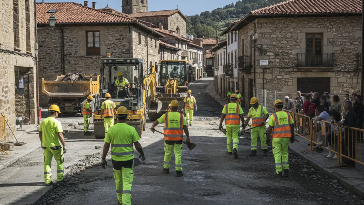 Road construction with heavy machinery and workers in a Basque town.