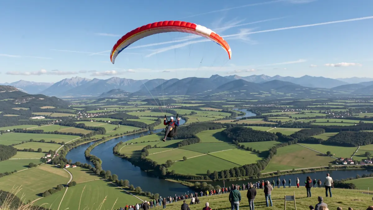 A person paragliding over a green valley in Alava.