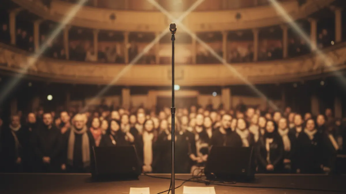 Generic image of a concert stage with an empty microphone and blurred audience.