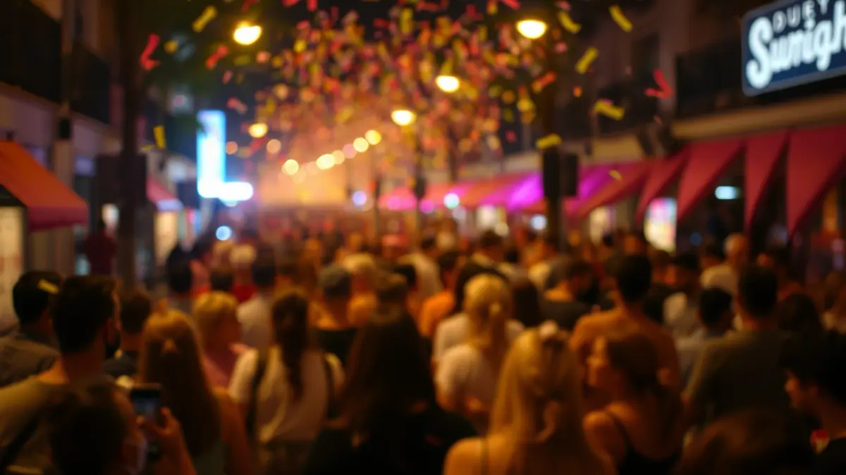 Generic image of people celebrating in a street, with colorful lights and confetti.