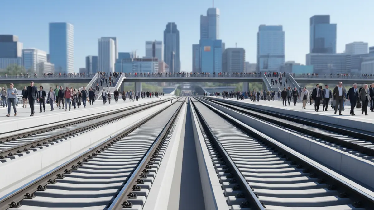 High-speed train tracks leading into a modern city, with blurred urban buildings in the background.