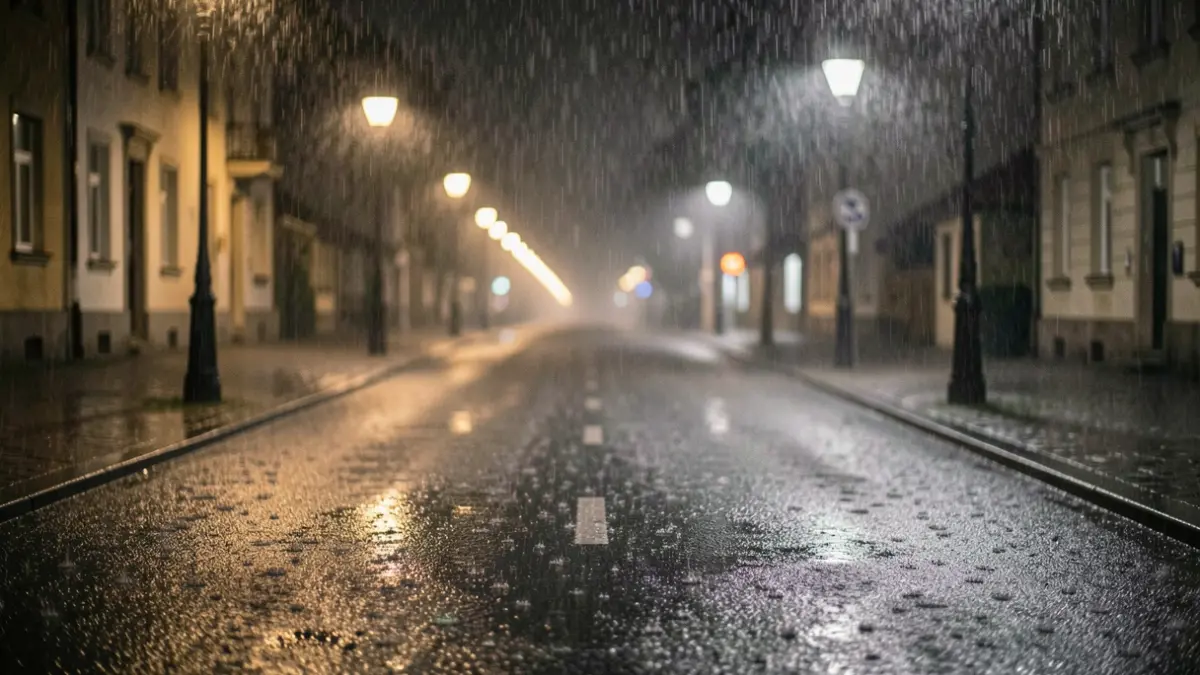 Generic image of a road under heavy rain at night.