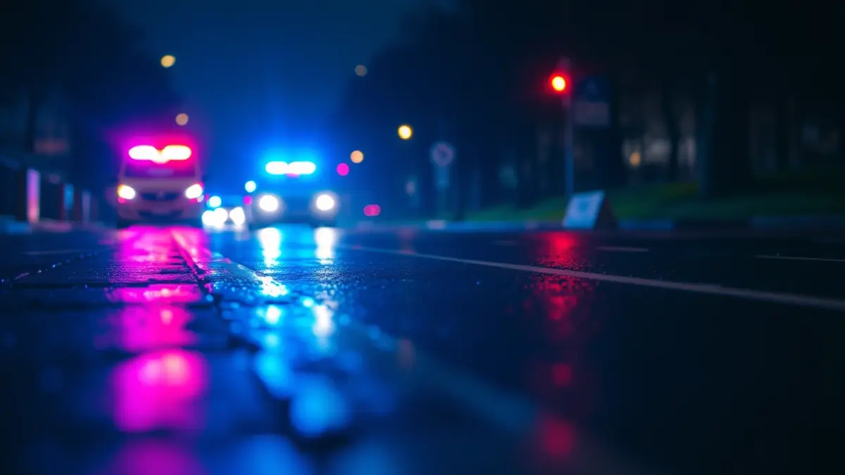 Imagen genérica: Luces de emergencia reflejándose en asfalto mojado por la noche.