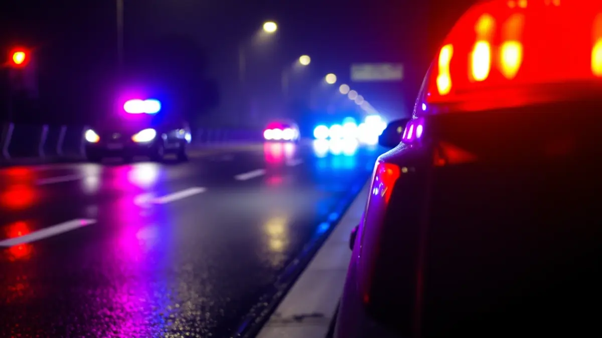 Generic image of blue and red emergency lights reflecting on wet asphalt, suggesting a storm.