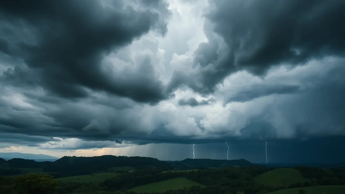 Generic image of dark storm clouds over a green Euskadi landscape, with heavy rain and a distant lightning flash.