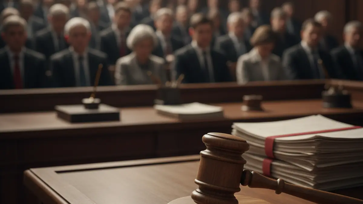 Generic image of a gavel on a wooden desk in a courtroom, with blurred legal documents in the background.