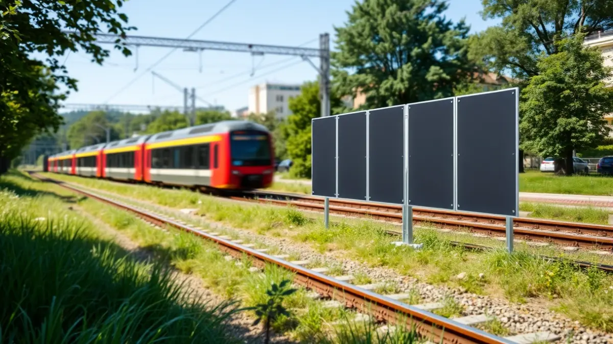 Generic image of sound barrier panels installed next to a railway track in a green urban environment.