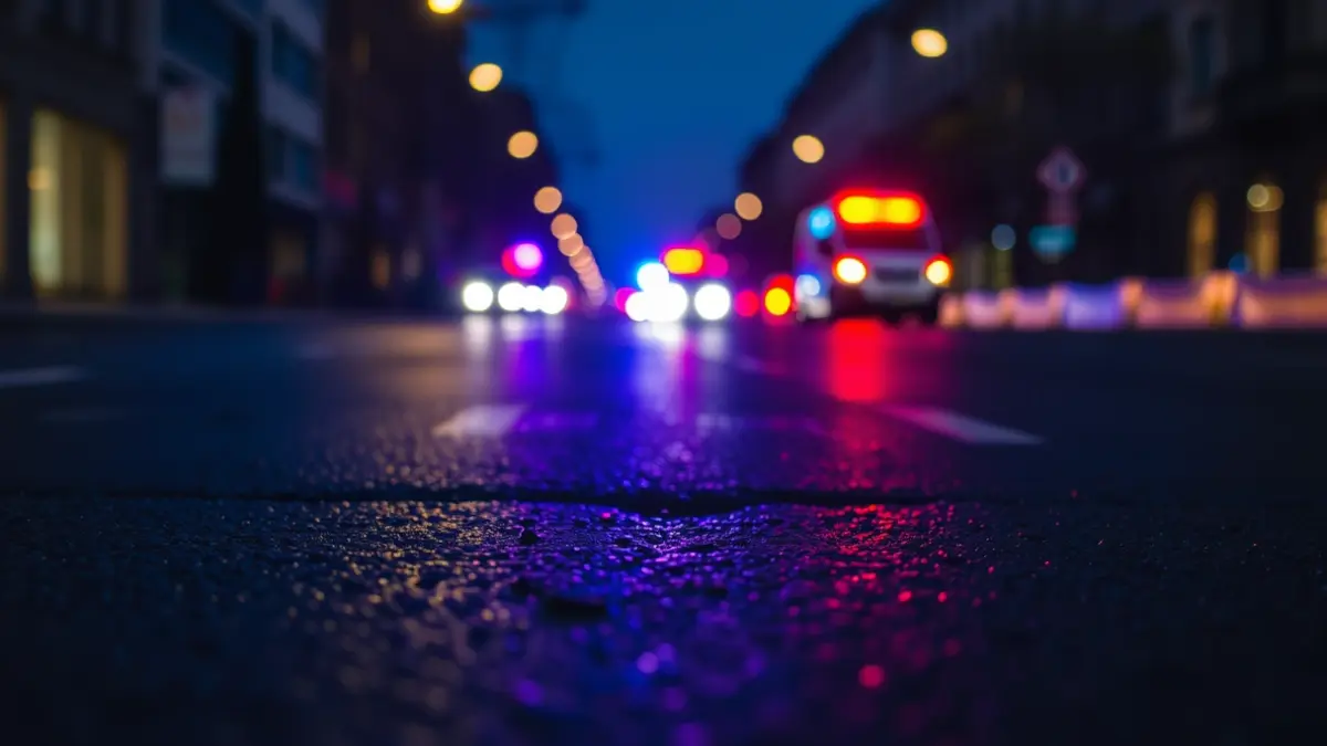 Generic image: Emergency lights reflecting on wet asphalt at night.