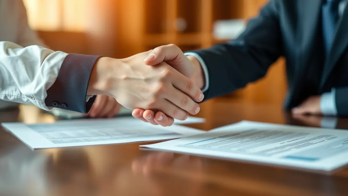 Generic image of two hands in formal attire shaking over a desk with blurred paperwork in the background.