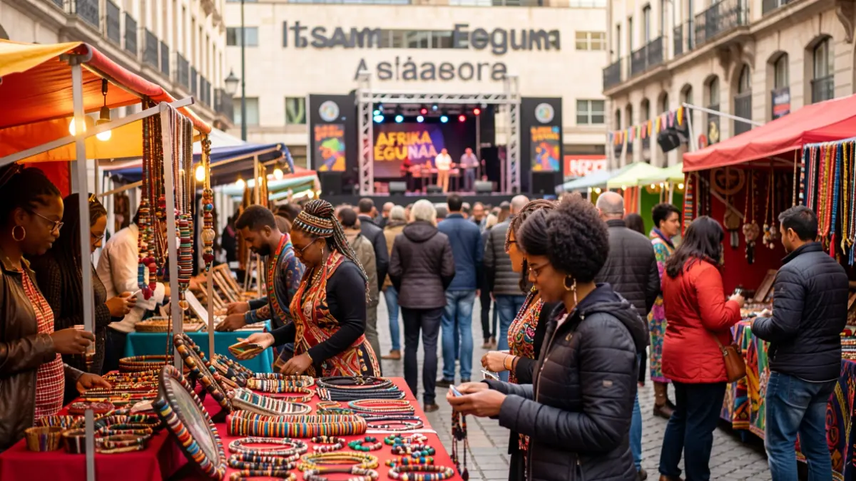 Escena callejera de Afrika Eguna en Bilbao, con puestos de artesanía y gente.