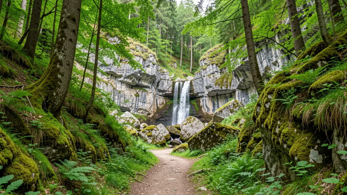 A forest path and a waterfall in the surroundings of Araba.