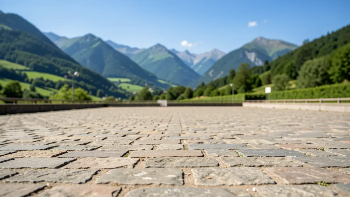 Pista de pelota de piedra en Euskadi, con montañas verdes al fondo bajo un cielo azul claro.