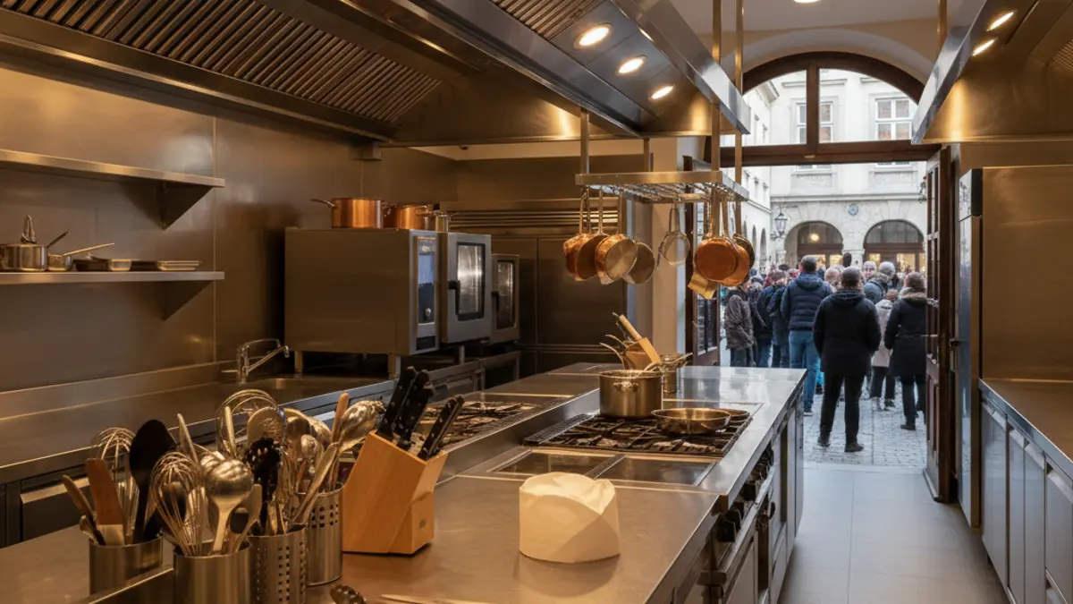 Generic image of a hospitality school, featuring a professional kitchen.